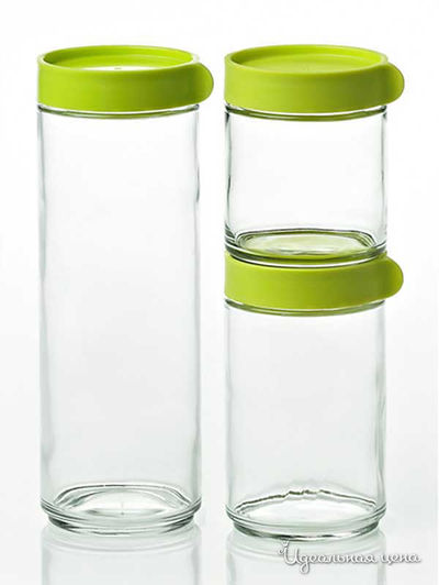 Набор круглых контейнеров для сыпучих продуктов, 3 шт ( 400+600+1050 мл) Glasslock, цвет Прозрачный с зеленым