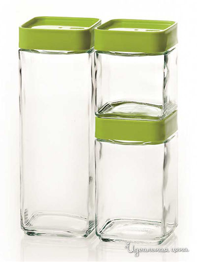 Набор контейнеров для сыпучих продуктов, 3 шт ( 500+700+1300 мл) Glasslock, цвет Прозрачный с зеленым