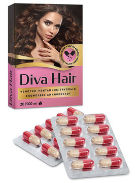 Комплекс кожа, волосы, ногти Diva Hair, 20 капсул по 500 мг, Diva Hair