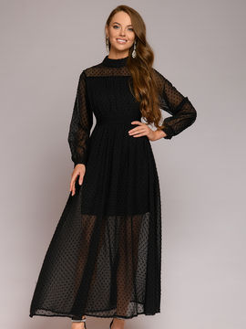 Платье черное из шифона с длинными рукавами длины макси