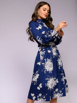 Платье темно-синее длины миди с цветочным принтом и отложным воротником