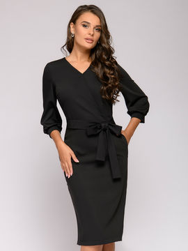 Платье-футляр черное с объемными рукавами и V-образным вырезом