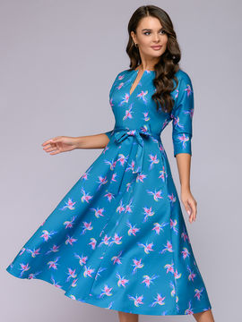 Платье голубое длины миди с принтом и рукавами "летучая мышь"