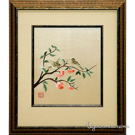 Картина Живой шёлк "Воробушки у райских яблочек", 45х45 см