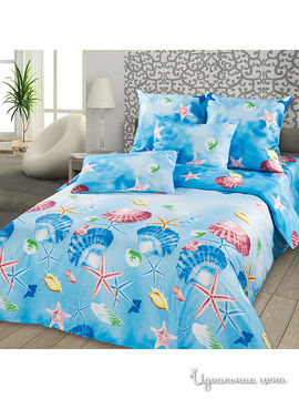 Комплект постельного белья Letto&Levele, цвет голубой / принт ракушки, 2х спальный