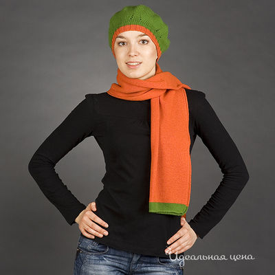 Комплект берет и шарф, зелено-оранжевый