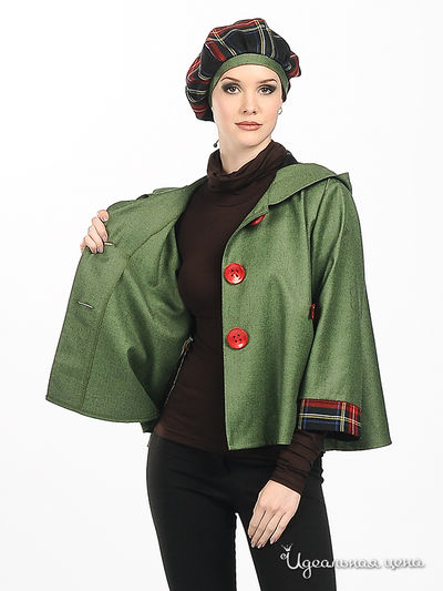 Куртка - пончо Adzhedo женская, цвет зеленый / принт клетка