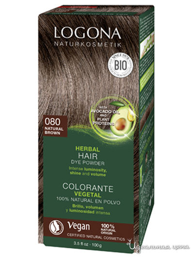 Краска для волос растительная, 080 натурально-коричневый, 100 г, Logona