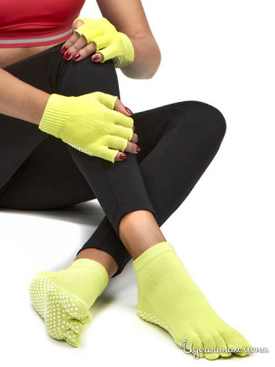 Носки противоскользящие для занятий йогой закрытые, салатовый и перчатки противоскользящие для занятий йогой Bradex, цвет салатовый