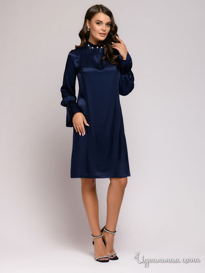 Платье темно-синее длины мини с воланами на рукавах и декоративной драпировкой на горловине