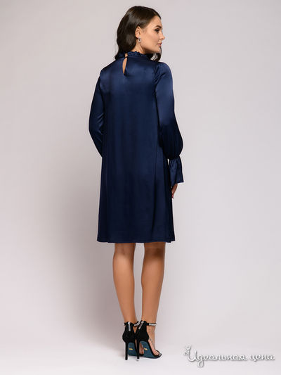 Платье темно-синее длины мини с воланами на рукавах и декоративной драпировкой на горловине