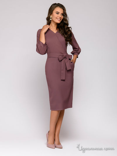 Платье-футляр шоколадного цвета с объемными рукавами и V-образным вырезом