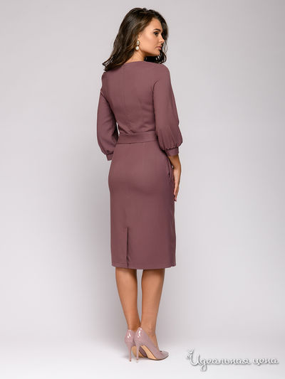 Платье-футляр шоколадного цвета с объемными рукавами и V-образным вырезом