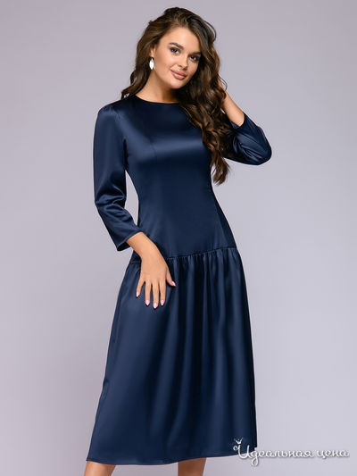 Платье длины миди синее с длинными рукавами