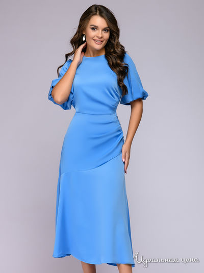 Платье голубое длины миди с декоративной драпировкой