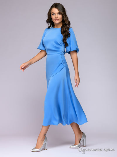 Платье голубое длины миди с декоративной драпировкой