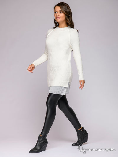 Платье-туника трикотажное белое с плиссированной вставкой