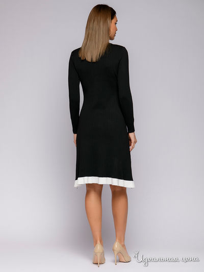 Платье черное длины миди с длинными рукавами и контрастной полосой по подолу