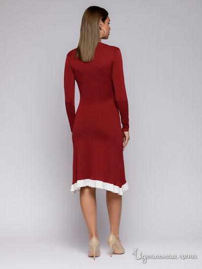 Платье красное длины миди с длинными рукавами и контрастной полосой по подолу