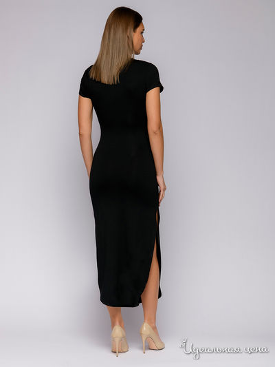 Платье черное длины миди с коротким рукавом и воротником стойка