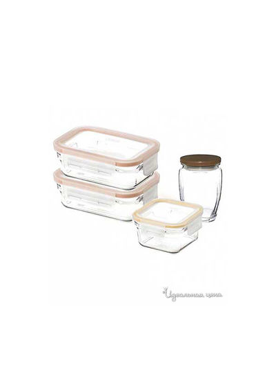 Набор контейнеров, 3 шт + банка для сыпучих продуктов Glasslock, цвет Прозрачный с розовым,шоколадным и желтым